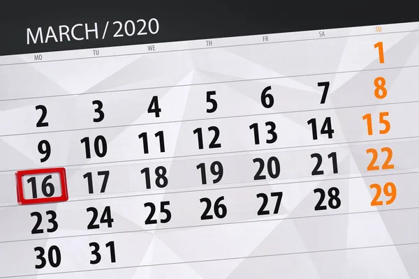 Planificador Calendario Para Mes Marzo 2020 Fecha Límite Lunes — Foto de Stock