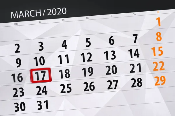 Planificador Calendario Para Mes Marzo 2020 Fecha Límite Martes — Foto de Stock