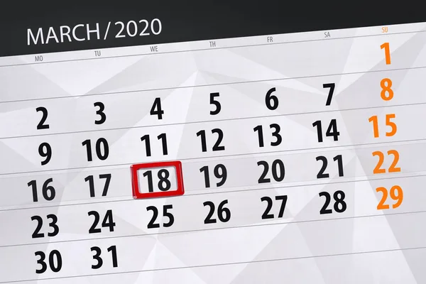 Planificador Calendario Para Mes Marzo 2020 Fecha Límite Miércoles —  Fotos de Stock