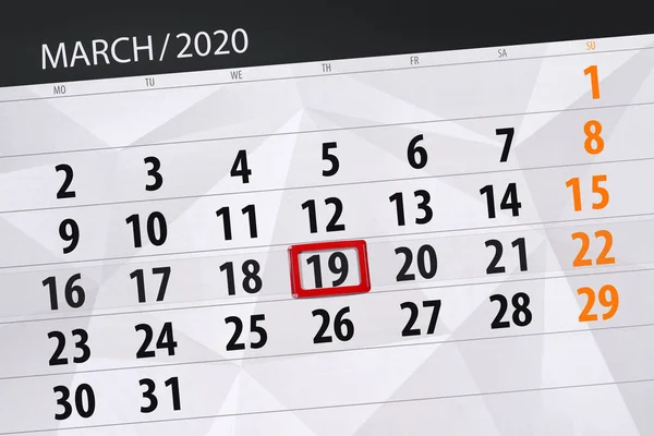 Planificador Calendario Para Mes Marzo 2020 Fecha Límite Jueves — Foto de Stock