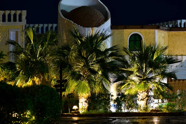 Bright lights at the tropical hotel at night.