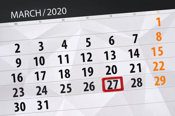 Kalenderplanner Voor Maand Maart 2020 Deadline Dag Vrijdag — Stockfoto