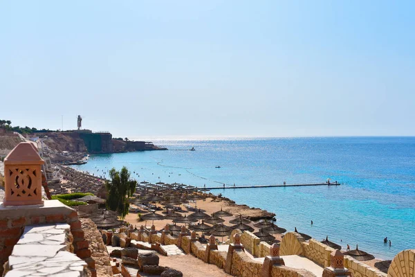 The rocky beach of the Red Sea Hotel in Sharm El Sheikh in Egypt.