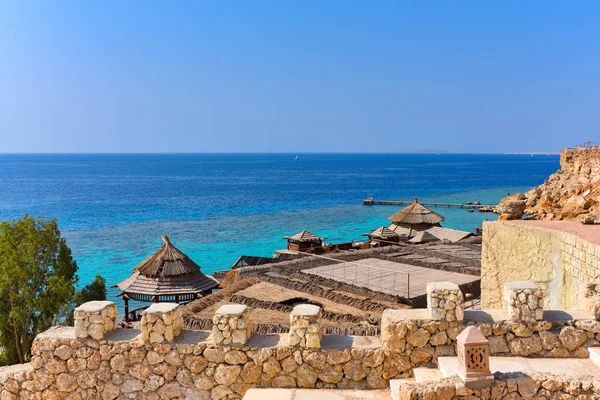 The rocky beach of the Red Sea Hotel in Sharm El Sheikh in Egypt.