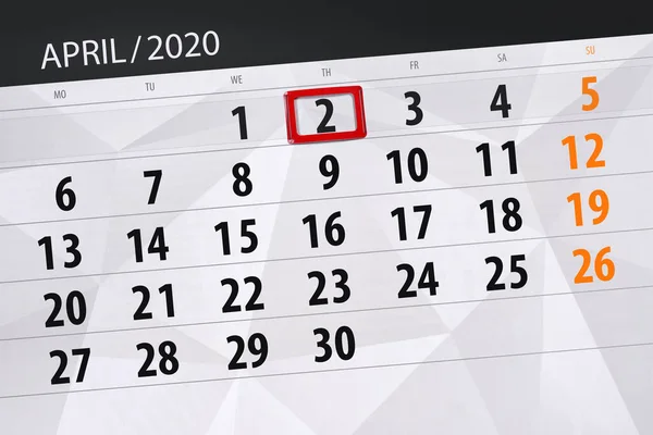 Kalendář Plánovač Měsíc Duben 2020 Termín Den Čtvrtek — Stock fotografie