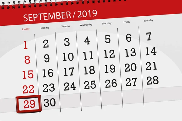 Calendário planejador para o mês setembro 2019, data limite, 29, domingo — Fotografia de Stock