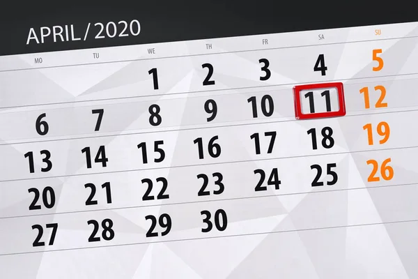 Kalendář Plánovač Měsíc Duben 2020 Termín Den Sobota — Stock fotografie
