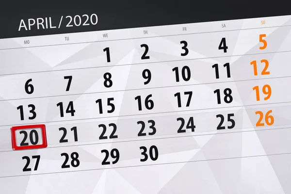 Planificator Calendar Pentru Luna Aprilie 2020 Data Limită Luni — Fotografie, imagine de stoc