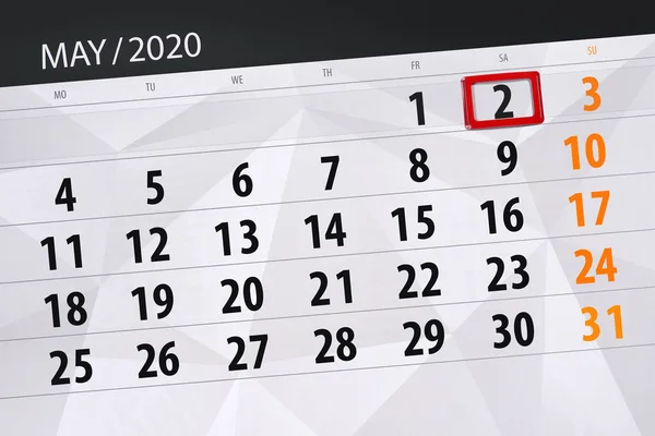 Planificator Calendar Pentru Luna Mai 2020 Data Limită Sâmbătă — Fotografie, imagine de stoc
