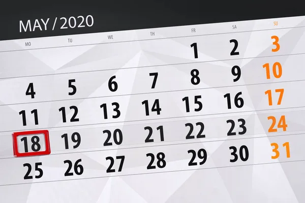 Kalender Planerare För Månaden Maj 2020 Deadline Dag Måndag — Stockfoto