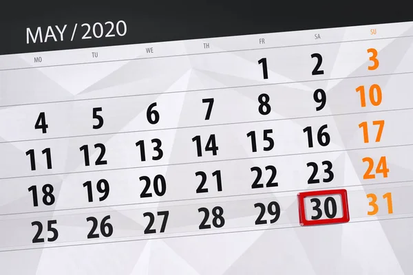 Planificator Calendar Pentru Luna Mai 2020 Data Limită Sâmbătă — Fotografie, imagine de stoc