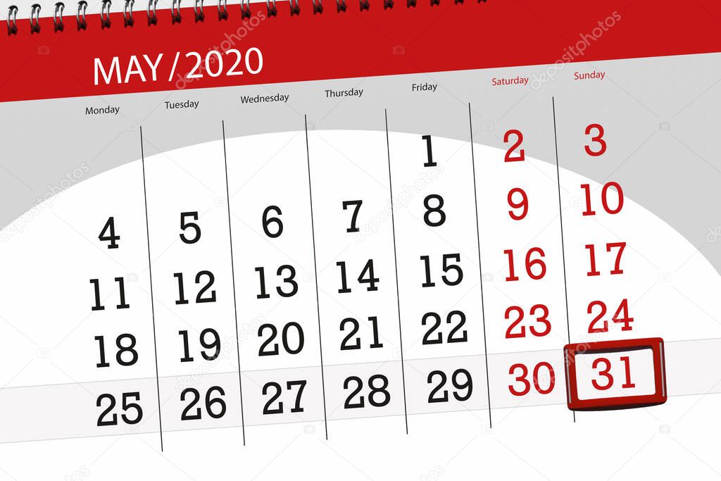Calendar planner for the month may 2020, deadline day, 31, sunday.