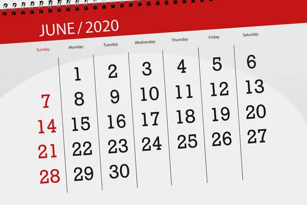 Kalender Planerare För Månaden Juni 2020 Deadline Dag — Stockfoto
