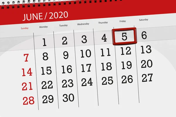 Kalender Planerare För Månaden Juni 2020 Deadline Dag Fredag — Stockfoto