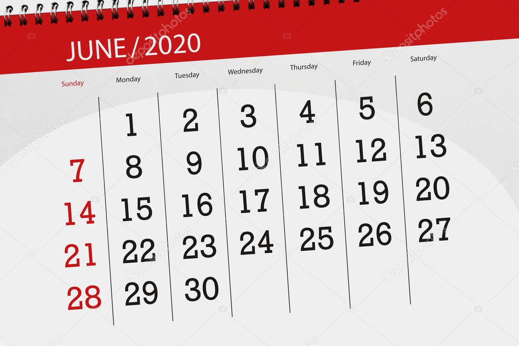 Calendar planner for the month june 2020, deadline day.