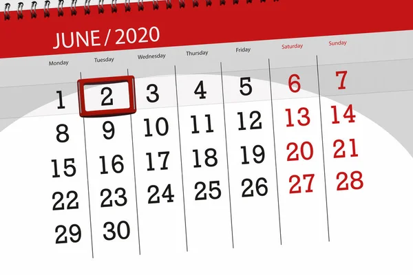 Kalendář Plánovač Měsíc Červen 2020 Termín Den Úterý — Stock fotografie