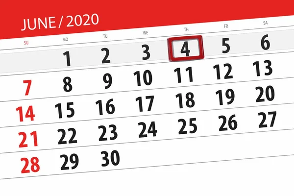 Kalender Planerare För Månaden Juni 2020 Deadline Dag Torsdag — Stockfoto