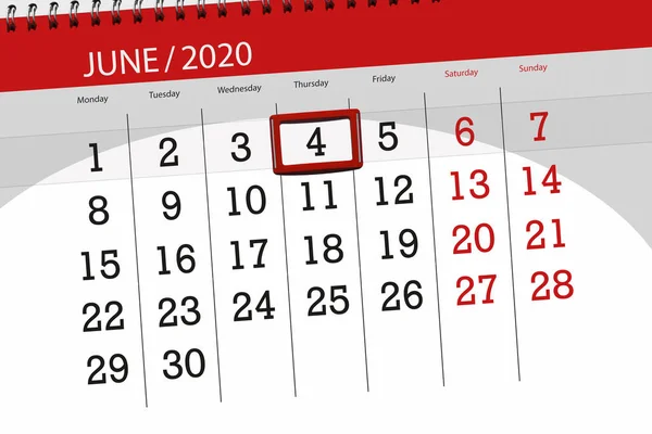 Kalendář Plánovač Měsíc Červen 2020 Termín Den Čtvrtek — Stock fotografie