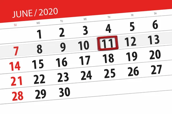 Kalender Planerare För Månaden Juni 2020 Deadline Dag Torsdag — Stockfoto