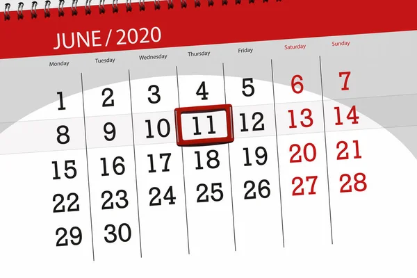 Kalendář Plánovač Měsíc Červen 2020 Termín Den Čtvrtek — Stock fotografie