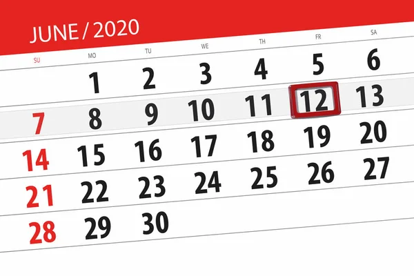 Kalender Planerare För Månaden Juni 2020 Deadline Dag Fredag — Stockfoto