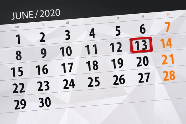 Kalenderplanner Voor Maand Juni 2020 Deadline Dag Zaterdag — Stockfoto