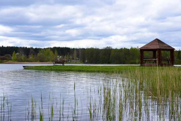 Trä Bersån Med Bänk Stranden Skogssjö — Stockfoto