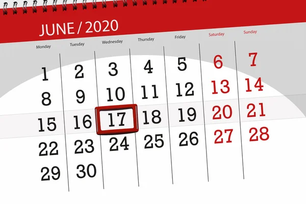 Kalendář Plánovač Měsíc Červen 2020 Termín Den Středa — Stock fotografie