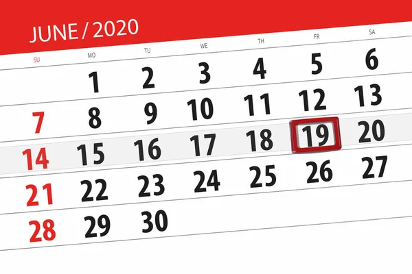 Kalendář Plánovač Měsíc Červen 2020 Termín Den Pátek — Stock fotografie