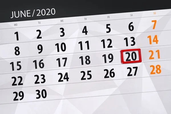 Planificator Calendar Pentru Luna Iunie 2020 Data Limită Sâmbătă — Fotografie, imagine de stoc