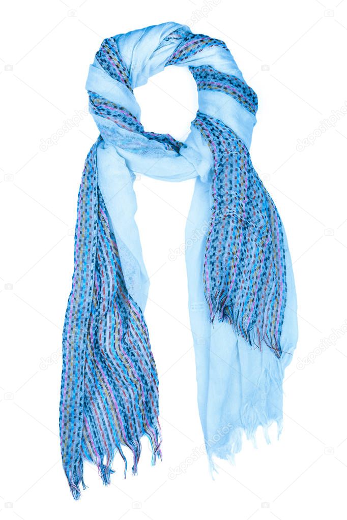 Blue silk scarf isolated on white background.