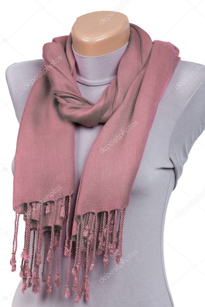 Pink scarf on mannequin isolated on white background.