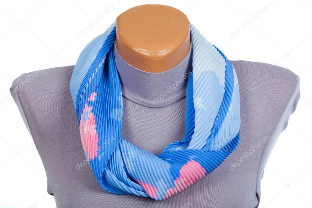 Blue scarf on mannequin isolated on white background.