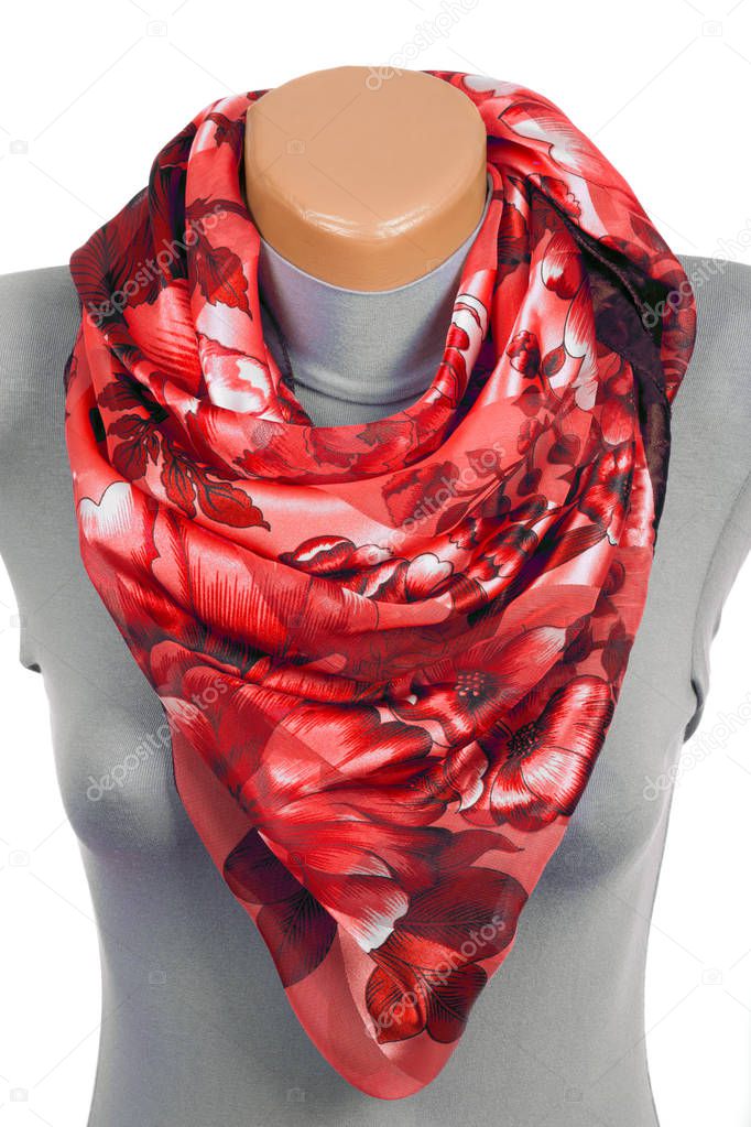 Red scarf on mannequin isolated on white background.