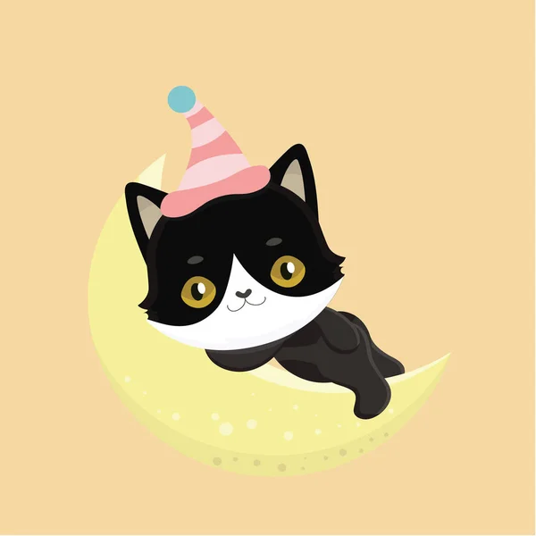 Cute cartoon zwarte kat met grote ogen. vectorillustratie. — Stockvector