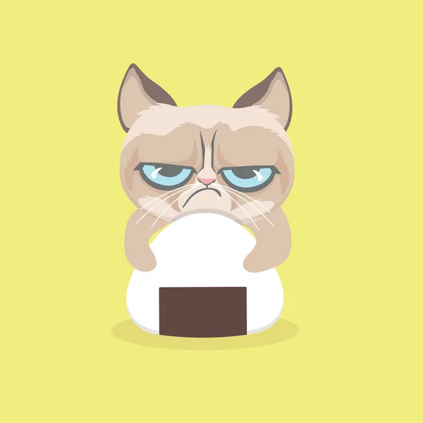 Lindo gato gruñón con onigiri — Vector de stock