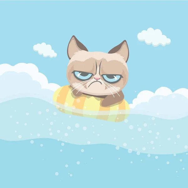 Симпатичная ворчливая кошка плавает на пляже — стоковый вектор