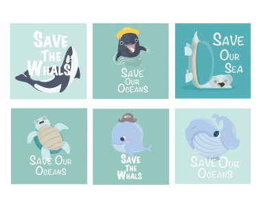 Save our Oceans. Set of Vector Ecology card