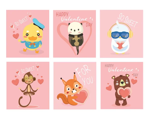 Set of Valentines day cards with cute funny animals. — 스톡 벡터