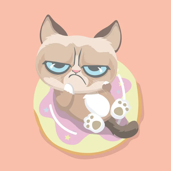 Un lindo gato gruñón con postre . — Vector de stock