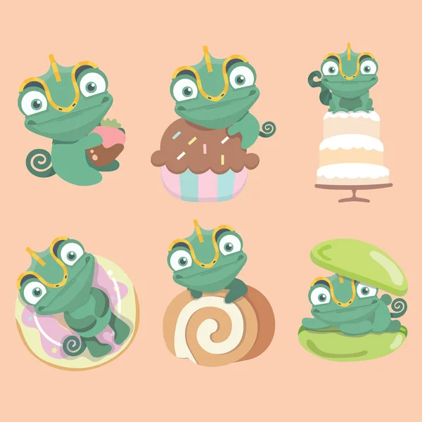 Set di cartone animato camaleonte carino con cartone animato dessert — Vettoriale Stock