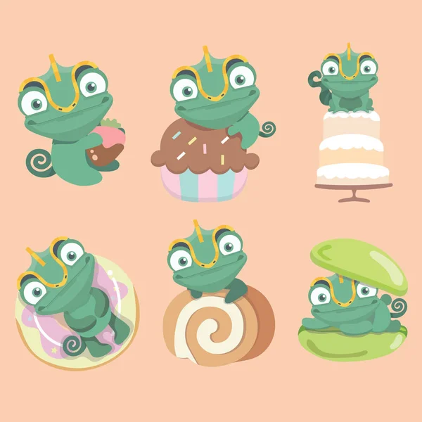 Conjunto de caricatura camaleón lindo con caricatura de postre — Vector de stock