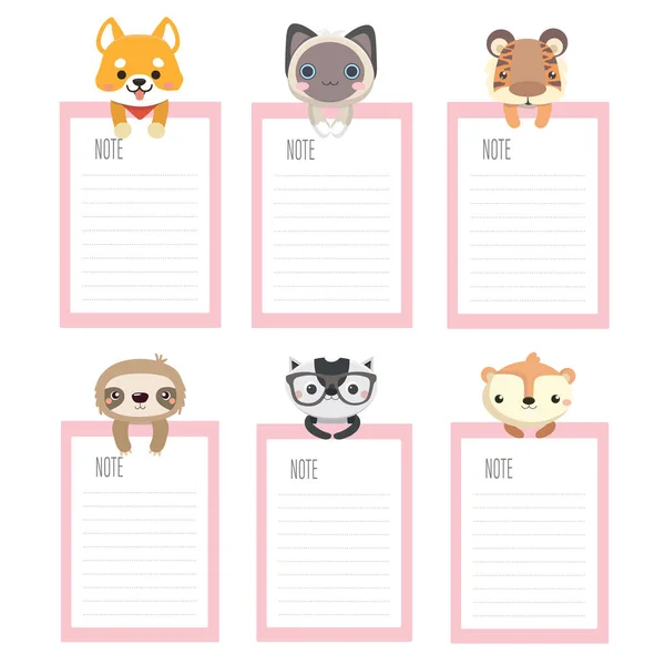 Σύνολο σημειώσεων χαρτί σχεδίασης με χαριτωμένο ζώο. — Διανυσματικό Αρχείο