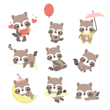 Farklı pozlarda ve pozisyonlarda sevimli rakun karakterleri.