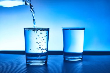 Mavi arkaplanda bardağa su dök