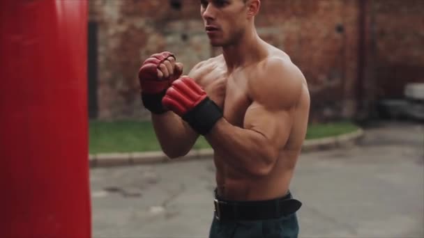 Vista lateral cercana del boxeador masculino muscular practicando golpes y patadas con un saco de boxeo al aire libre — Vídeos de Stock