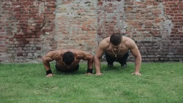 Két jóképű fiatalember extrém fekvőtámaszt csinál a füvön egy téglafalnak támasztva. Lassú mozgás. — Stock videók