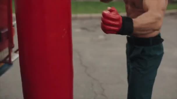 Visão lateral próxima do boxeador masculino musculoso praticando socos e chutes com um saco de perfuração ao ar livre — Vídeo de Stock