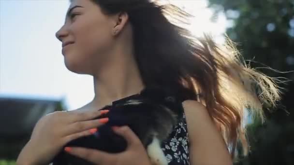 Bonita jovencita parada al sol con un conejito en la mano. Cerrar vista de retrato. El viento soplando chicas pelo — Vídeo de stock