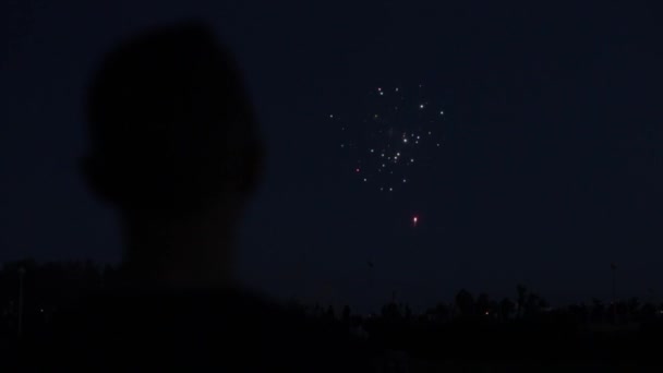 Wazig close-up silhouet van een man genieten van vuurwerk 's nachts — Stockvideo